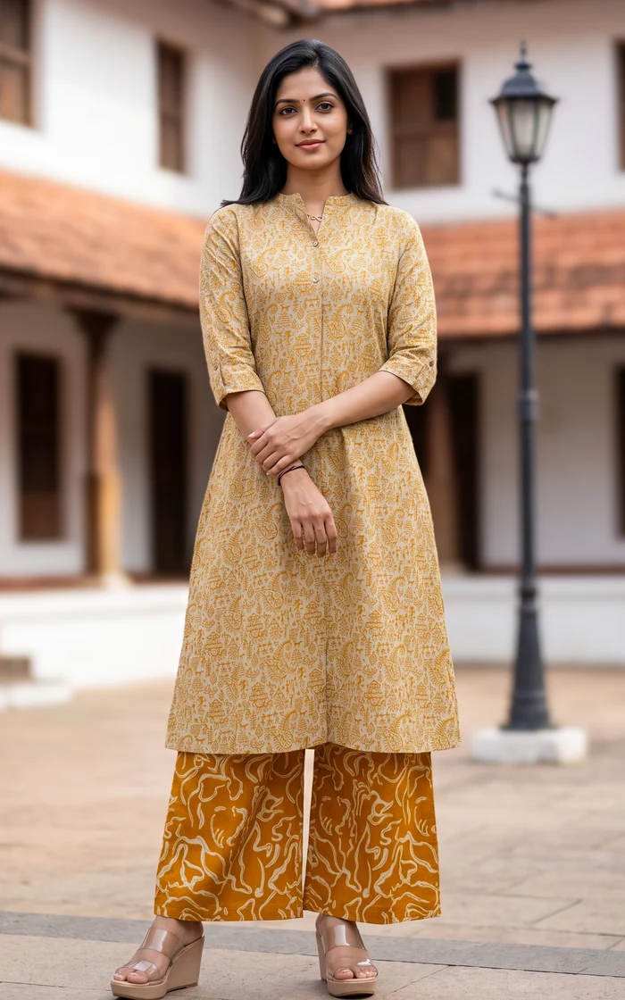 Mustard with Beige Mandarin Collar Aline Kurti set